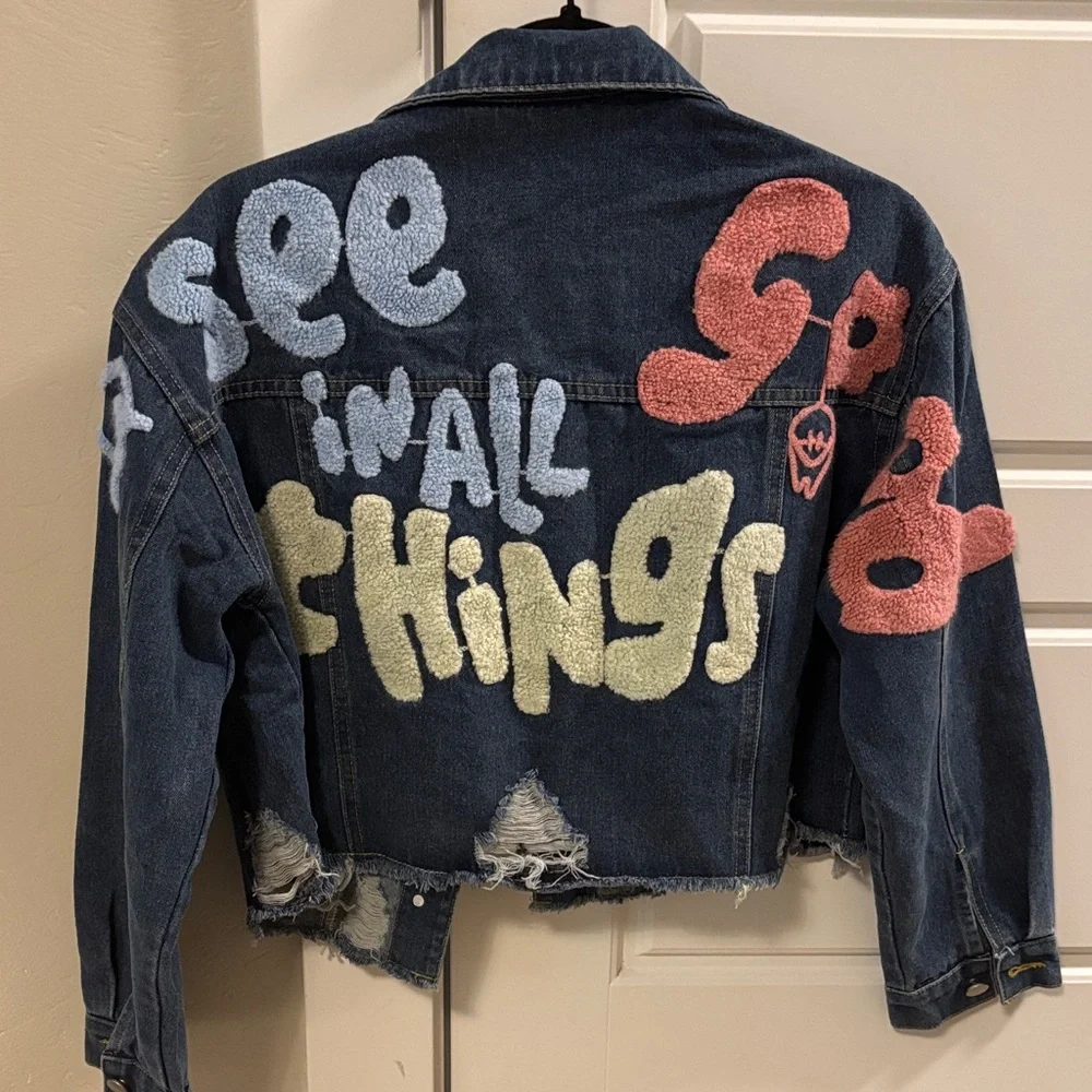 Handmade Embroidered Denim Jacket - Blue with Pastel Puff Text - Picture 1 of 7